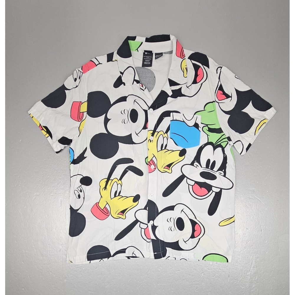 Disney Parks Mickey Mouse Button Up Shirt Mens‎ XL. White AOP Faces 100% Rayon